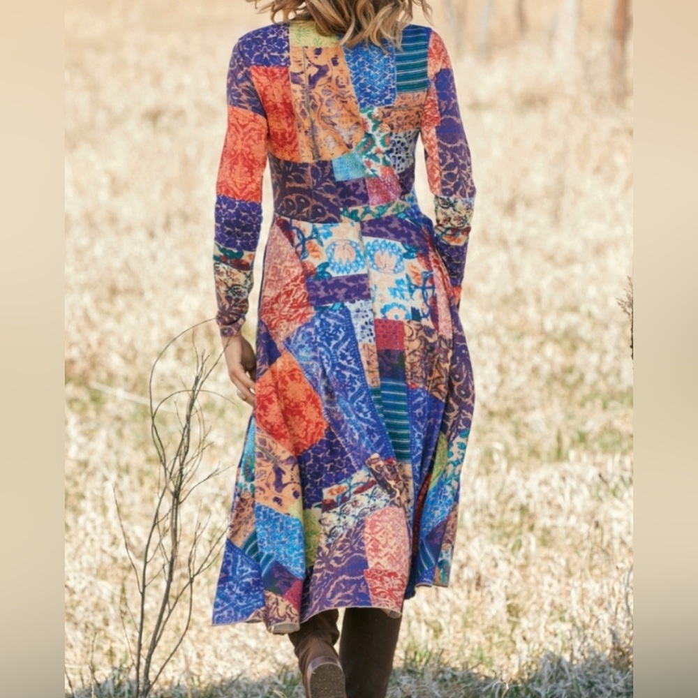 Peruvian Connection Patchwork Print Maxi Dress Boho Artisan Pima Cotton Folk Art - Picture 2 of 9